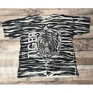 Tiger Shirt XL White Black Vintage AOP J. Hill Nature Wildlife Animal Cat